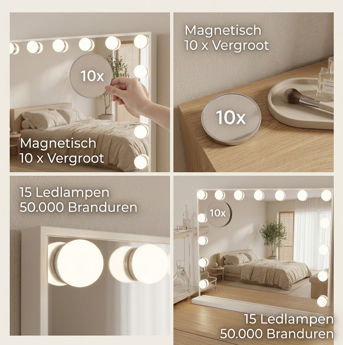 Hollywood Spiegel - 58×46cm - 3 lichtkleuren - Dimbaar - 10