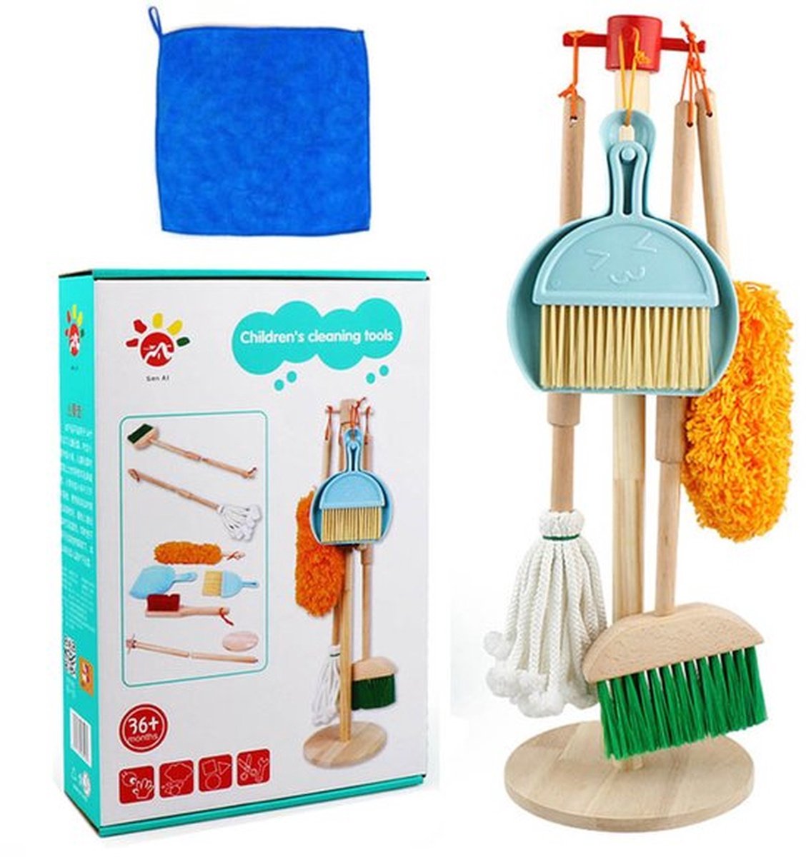 Schoonmaakset voor kinderen - 8-delige houten speelset voor huishoudelijke taken - Inclusief bezem, dweil, stofdoek, stoffer en blik, borstels, doekje en opbergstandaard - Schoonmaakspeelgoed cadeau voor peuters, meisjes en jongens