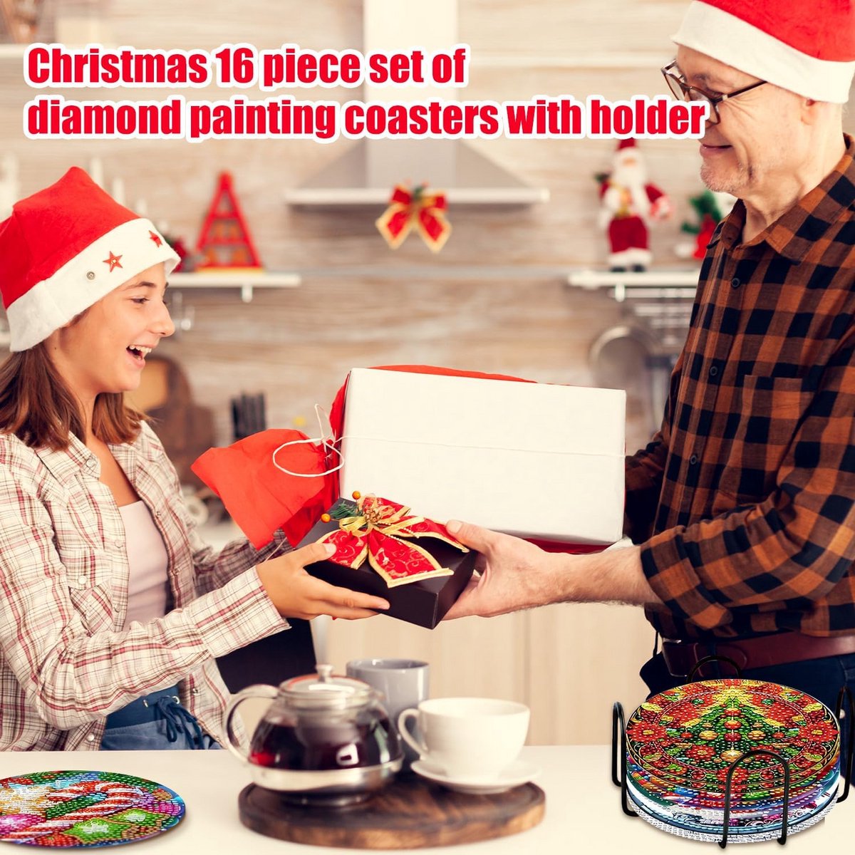 16x Diamant Schilderen Kerst Onderzetters Set met Houder - Zelf Maken Knutselpakket