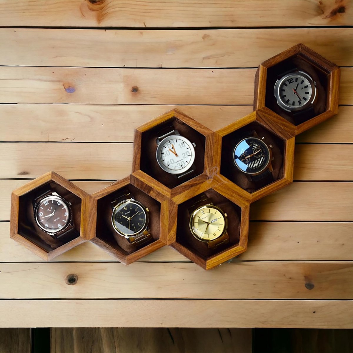 Luxe Houten Horloge Kist 6 Vakken met Glazen Deksel en Fluwelen Kussens