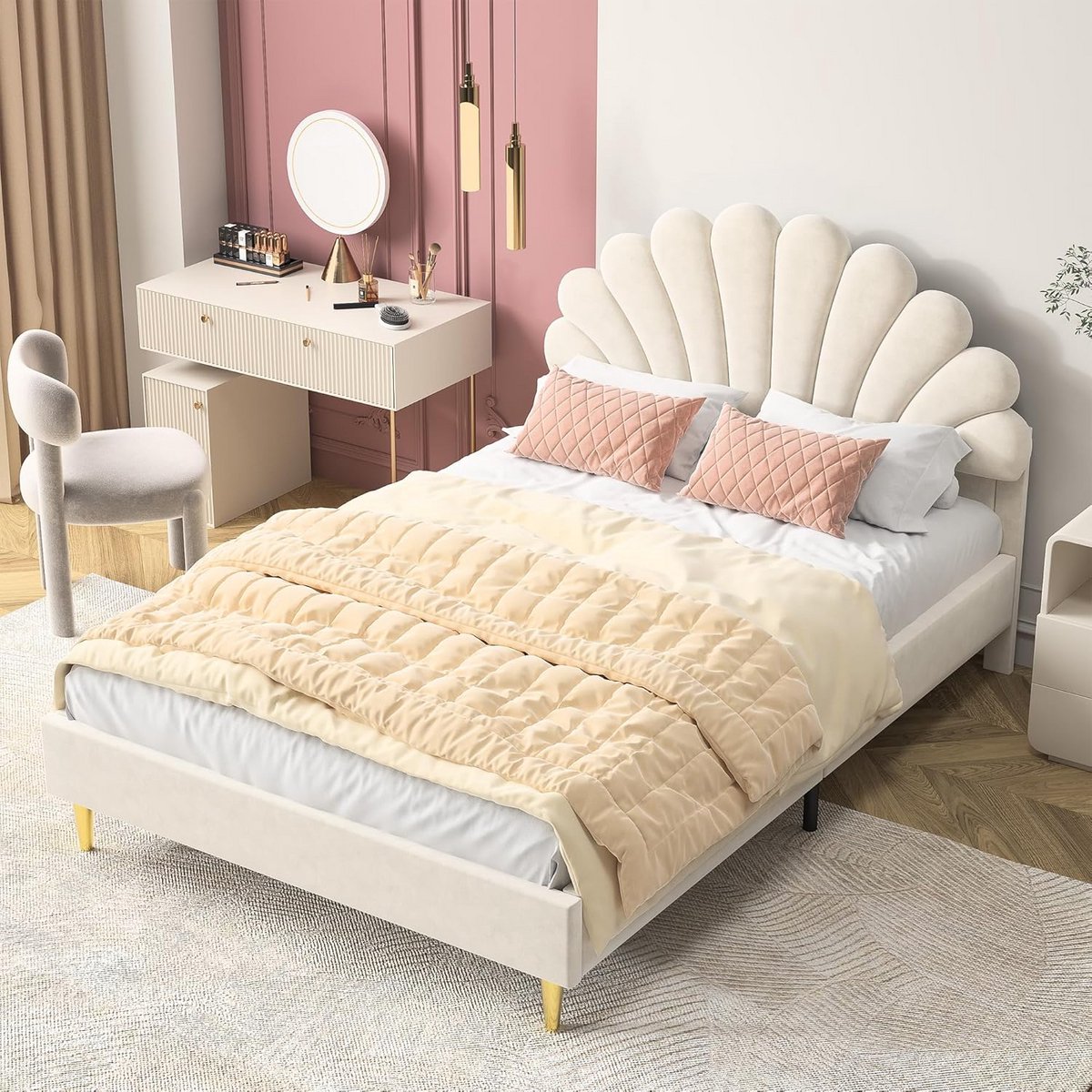 Tweepersoons Bed 140x200 cm met Hoofdbord in Bloemvorm - Velvet Gestoffeerd Lattenbodem Beige