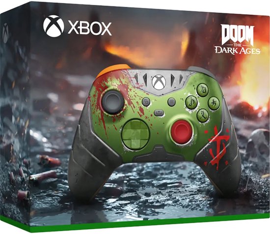 Xbox controller met groen, grijs en oranje. Bloedspatten, runen en metaal-look details op de doos.