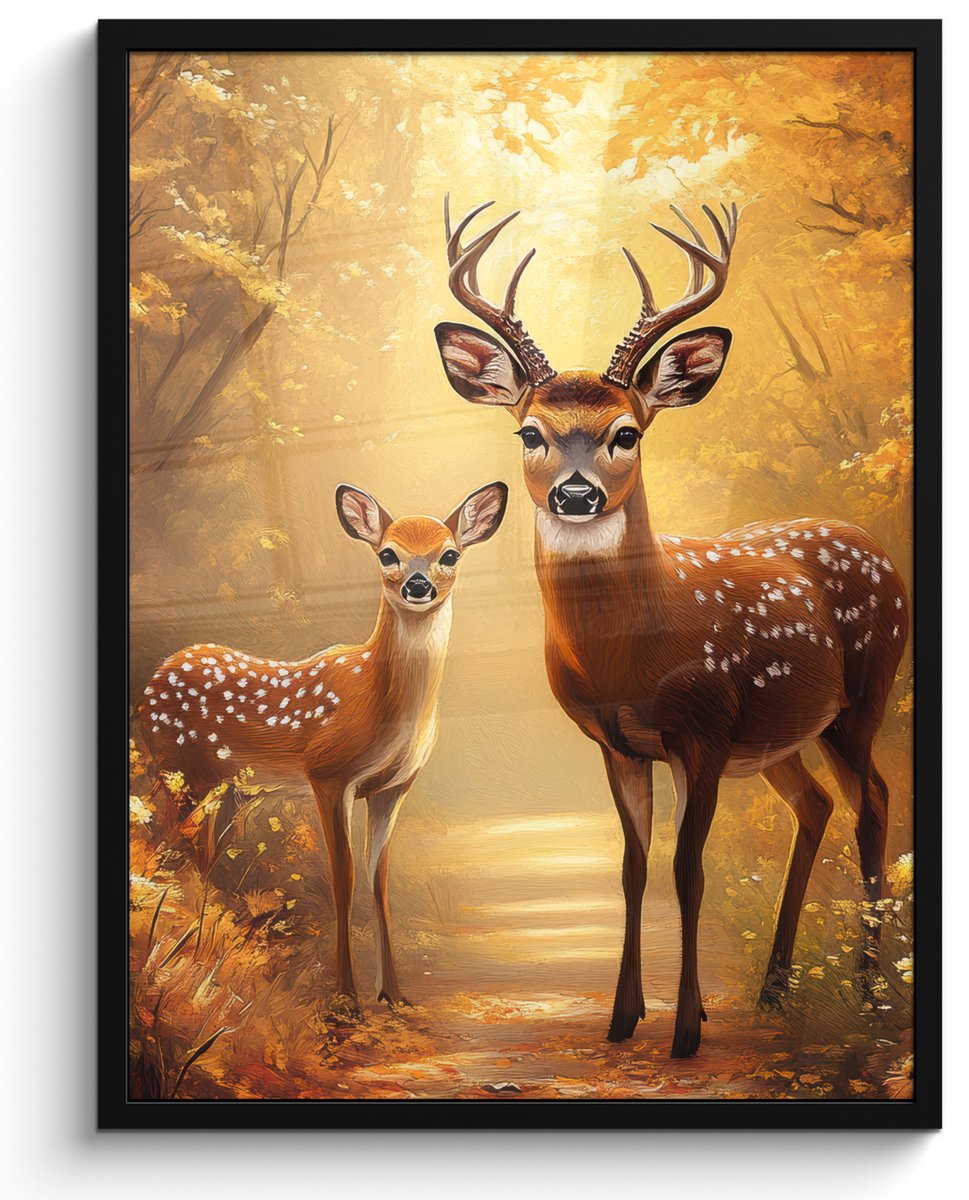 FrameYourWall Poster in lijst - Fotolijst 50x70 cm - Posters - Herfst - Bos - Herten - Bosdieren - Natuur - Bruin - Posterlijst zwart - Decoratie - Wanddecoratie woonkamer - Muurdecoratie slaapkamer