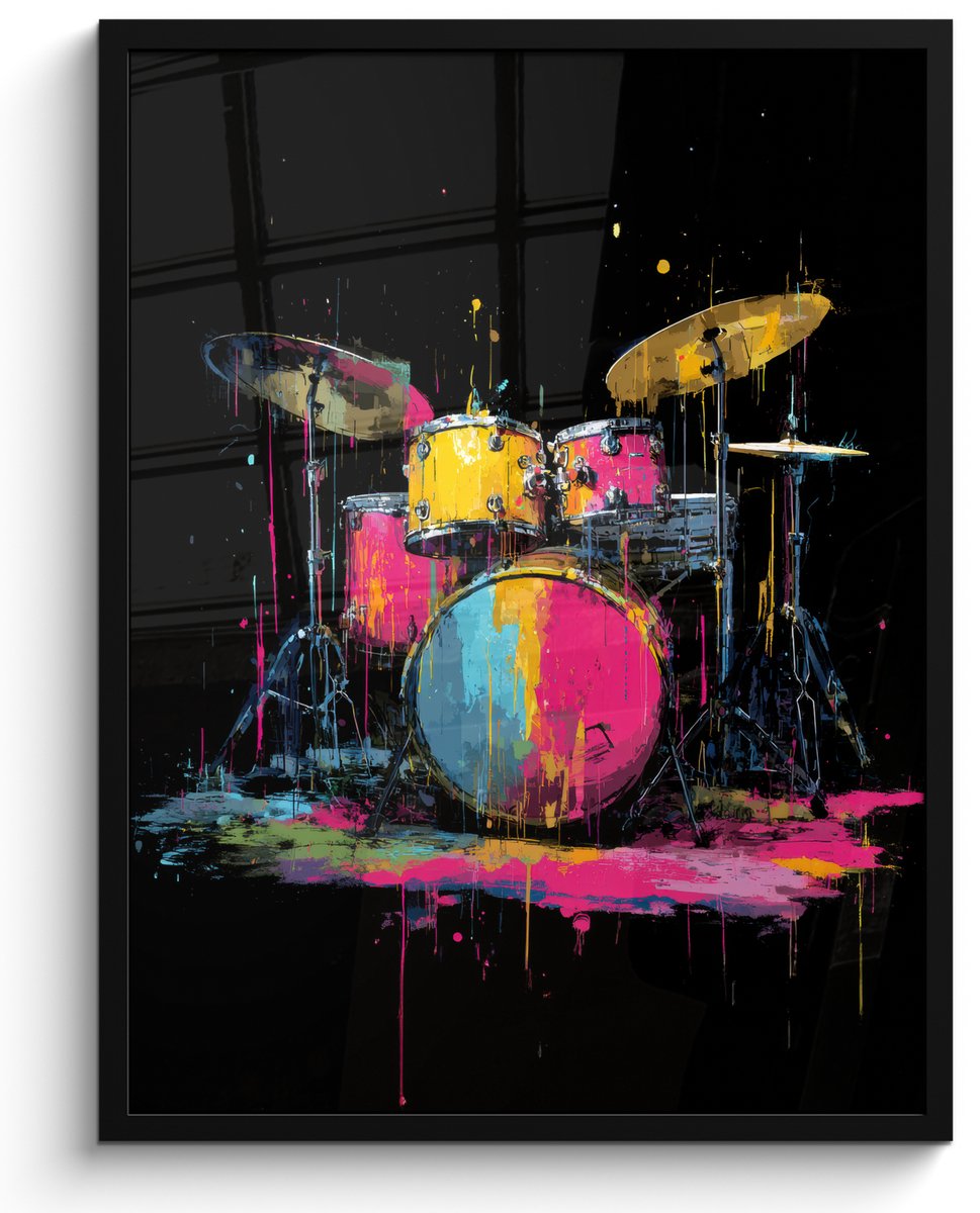 FrameYourWall Poster in lijst - Fotolijst 50x70 cm - Posters - Drumstel - Kleurrijk - Verf - Levendig - Posterlijst zwart - Decoratie - Wanddecoratie woonkamer - Muurdecoratie slaapkamer