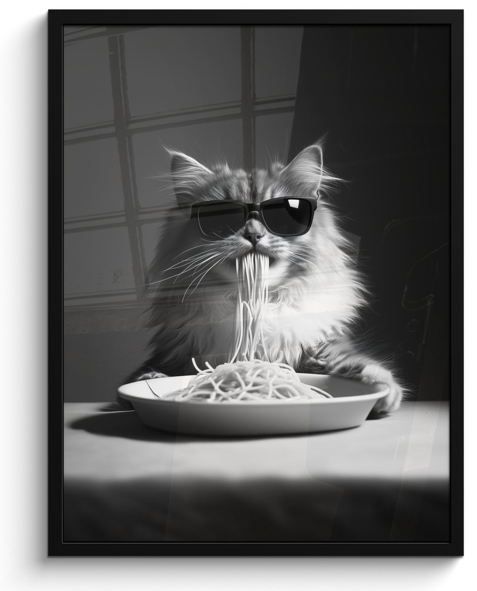 FrameYourWall Poster in lijst - Fotolijst 50x70 cm - Posters - Langharige kat - Zonnebril - Spaghetti - Humor - Zwart - wit - Posterlijst zwart - Decoratie - Wanddecoratie woonkamer - Muurdecoratie slaapkamer