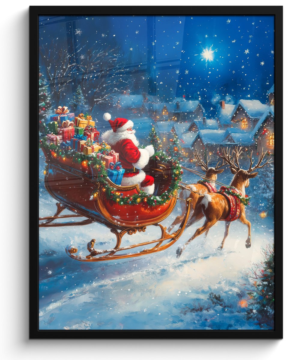 FrameYourWall Poster in lijst - Fotolijst 50x70 cm - Posters - Kerstman - Rendier - Kerst - Sneeuw - Posterlijst zwart - Decoratie - Wanddecoratie woonkamer - Kerstdecoratie voor binnen - Kerstversiering - Kerstmis versiering in huis - Kerstaccessoires Kerstman - Rendier - Cadeaus