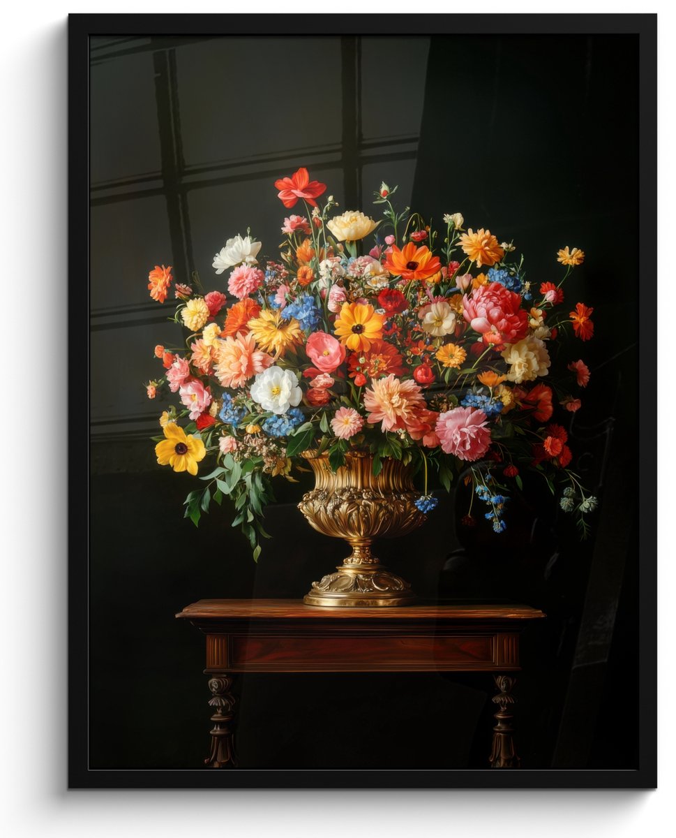 FrameYourWall Poster in lijst - Fotolijst 50x70 cm - Posters - Goud - Bloemen - Kleuren - Vaas - Posterlijst zwart - Decoratie - Wanddecoratie woonkamer - Muurdecoratie slaapkamer