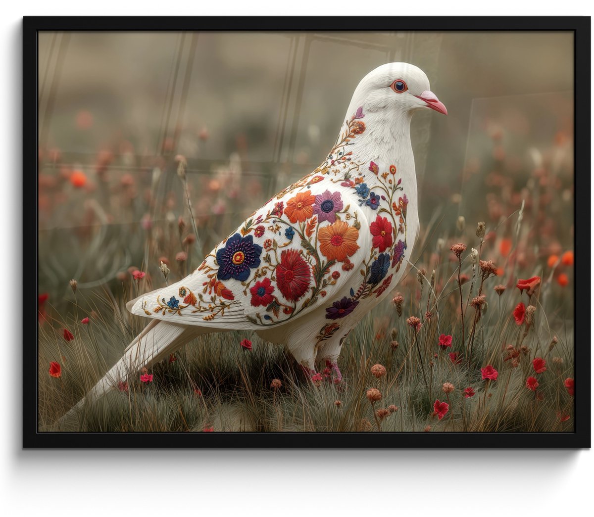 FrameYourWall Poster in lijst - Fotolijst 70x50 cm - Posters - Duif - Bloemen - Natuur - Posterlijst zwart - Decoratie - Wanddecoratie woonkamer - Muurdecoratie slaapkamer