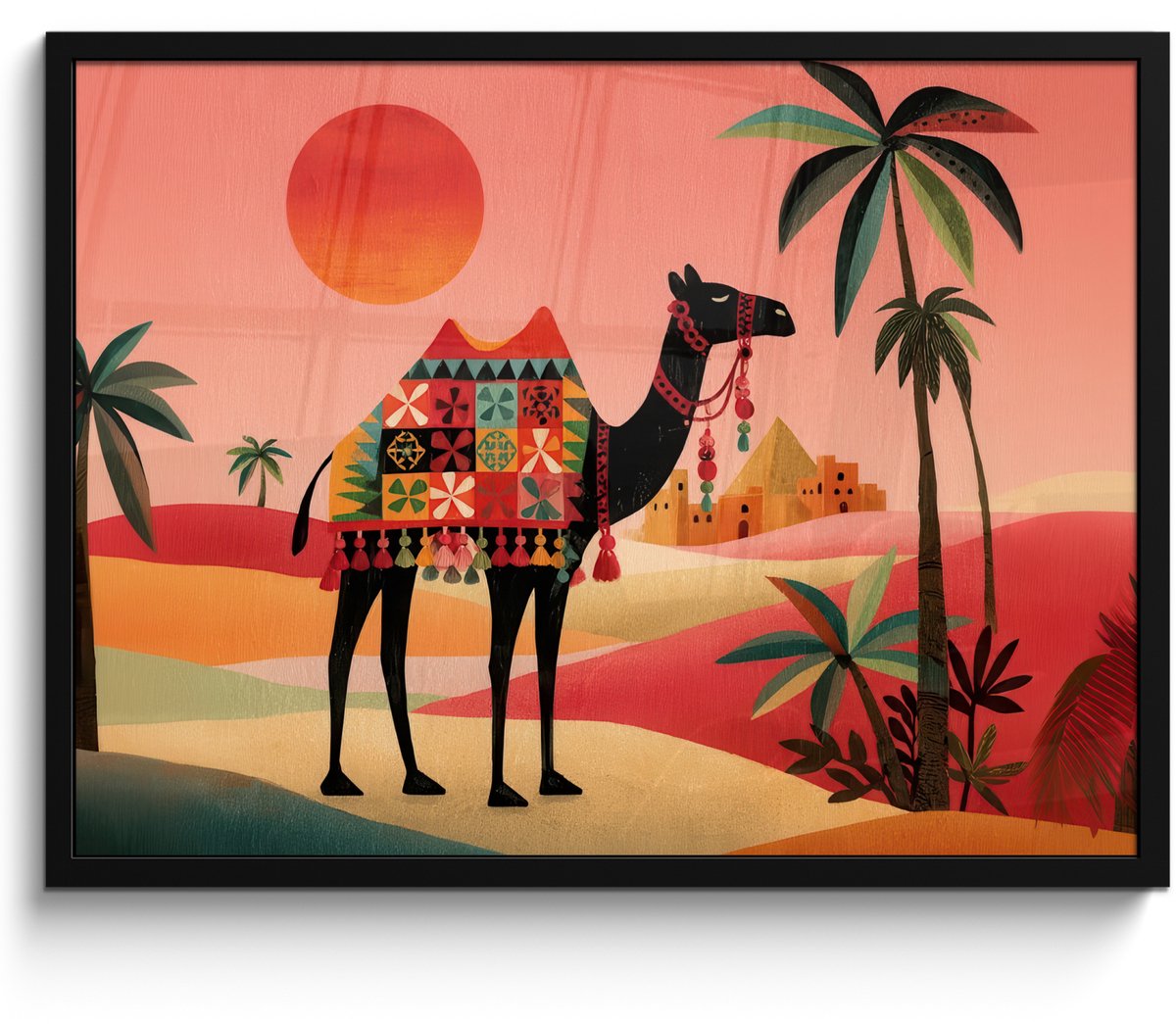 FrameYourWall Poster in lijst - Fotolijst 70x50 cm - Posters - Kameel - Gekleurd tapijt - Duinen - Rode zon - Posterlijst zwart - Decoratie - Wanddecoratie woonkamer - Muurdecoratie slaapkamer Kameel - Duinen - Zon