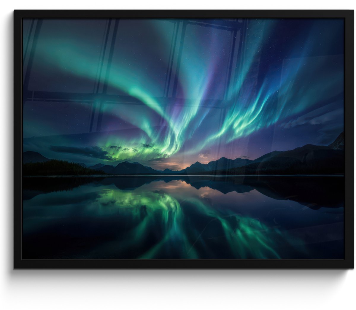 FrameYourWall Poster in lijst - Fotolijst 70x50 cm - Posters - Noorderlicht - Kleurrijk - Bergmeer - Posterlijst zwart - Decoratie - Wanddecoratie woonkamer - Muurdecoratie slaapkamer Noorderlicht - Meer - Bergen