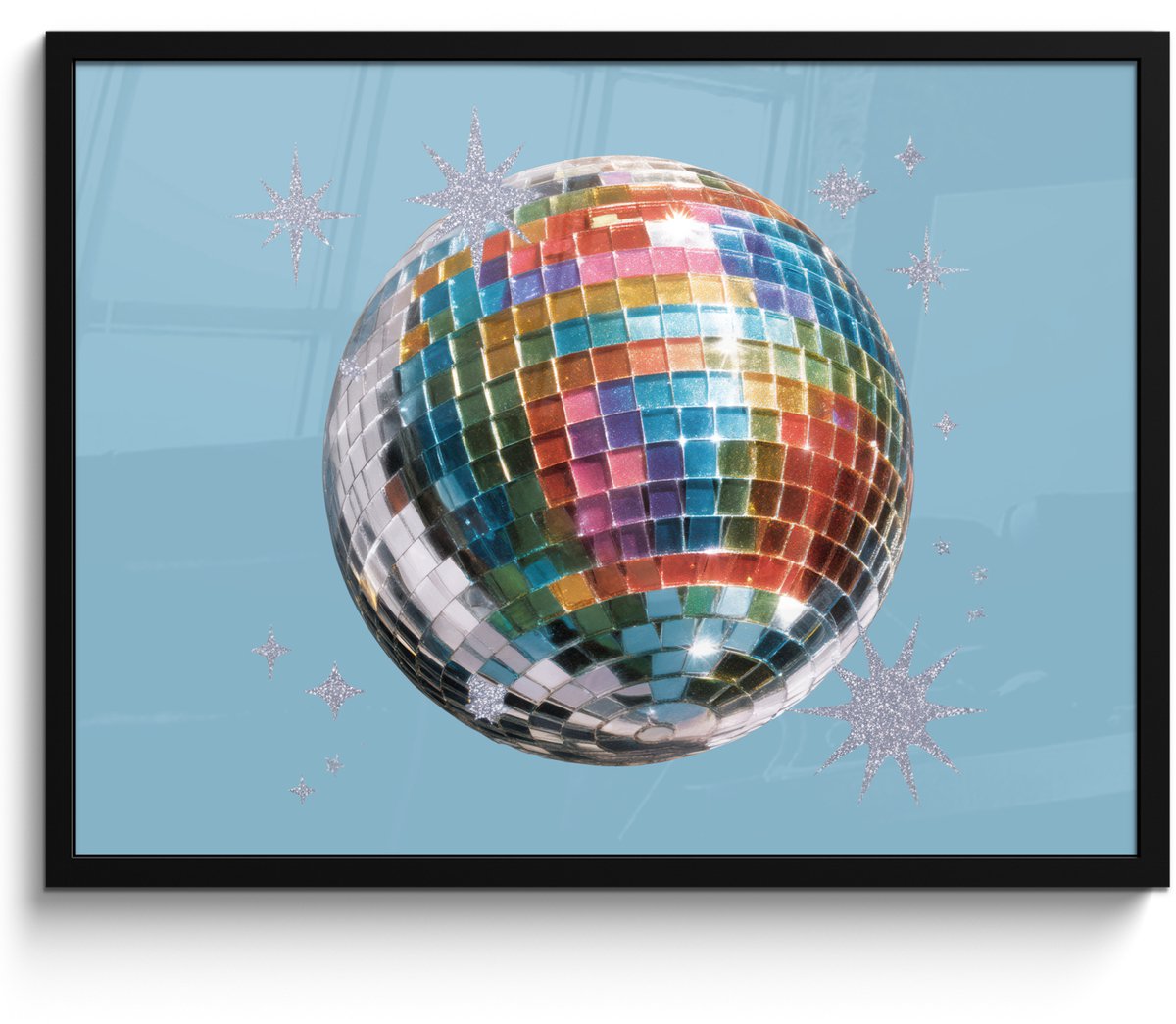 FrameYourWall Poster in lijst - Fotolijst 70x50 cm - Posters - Discobal - Glinsterende sterren - Regenboog - Posterlijst zwart - Decoratie - Wanddecoratie woonkamer - Muurdecoratie slaapkamer