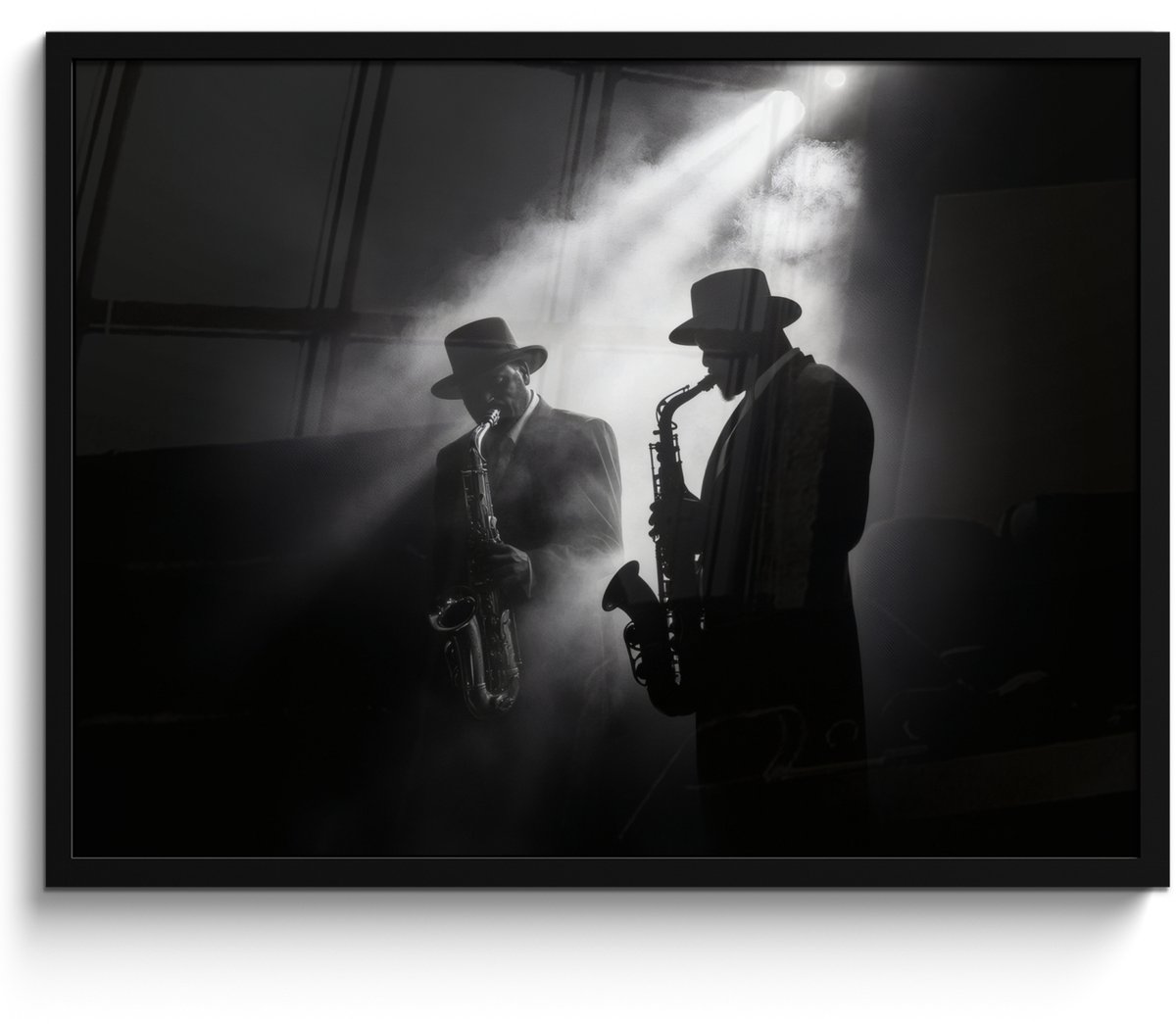 FrameYourWall Poster in lijst - Fotolijst 70x50 cm - Posters - Saxofonisten - Hoeden - Rook - Licht - Posterlijst zwart - Decoratie - Wanddecoratie woonkamer - Muurdecoratie slaapkamer