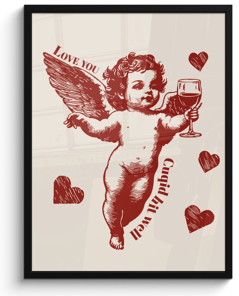 FrameYourWall Poster in lijst - Fotolijst 50x70 cm - Posters - Cupido - Hartjes - Rood - Klassiek - Posterlijst zwart - Decoratie - Wanddecoratie woonkamer - Muurdecoratie slaapkamer