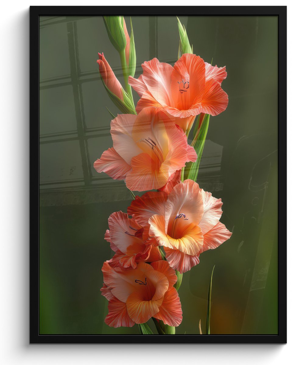 FrameYourWall Poster in lijst - Fotolijst 50x70 cm - Posters - Bloem - Gladiolen - Zalmroze - Posterlijst zwart - Decoratie - Wanddecoratie woonkamer - Muurdecoratie slaapkamer