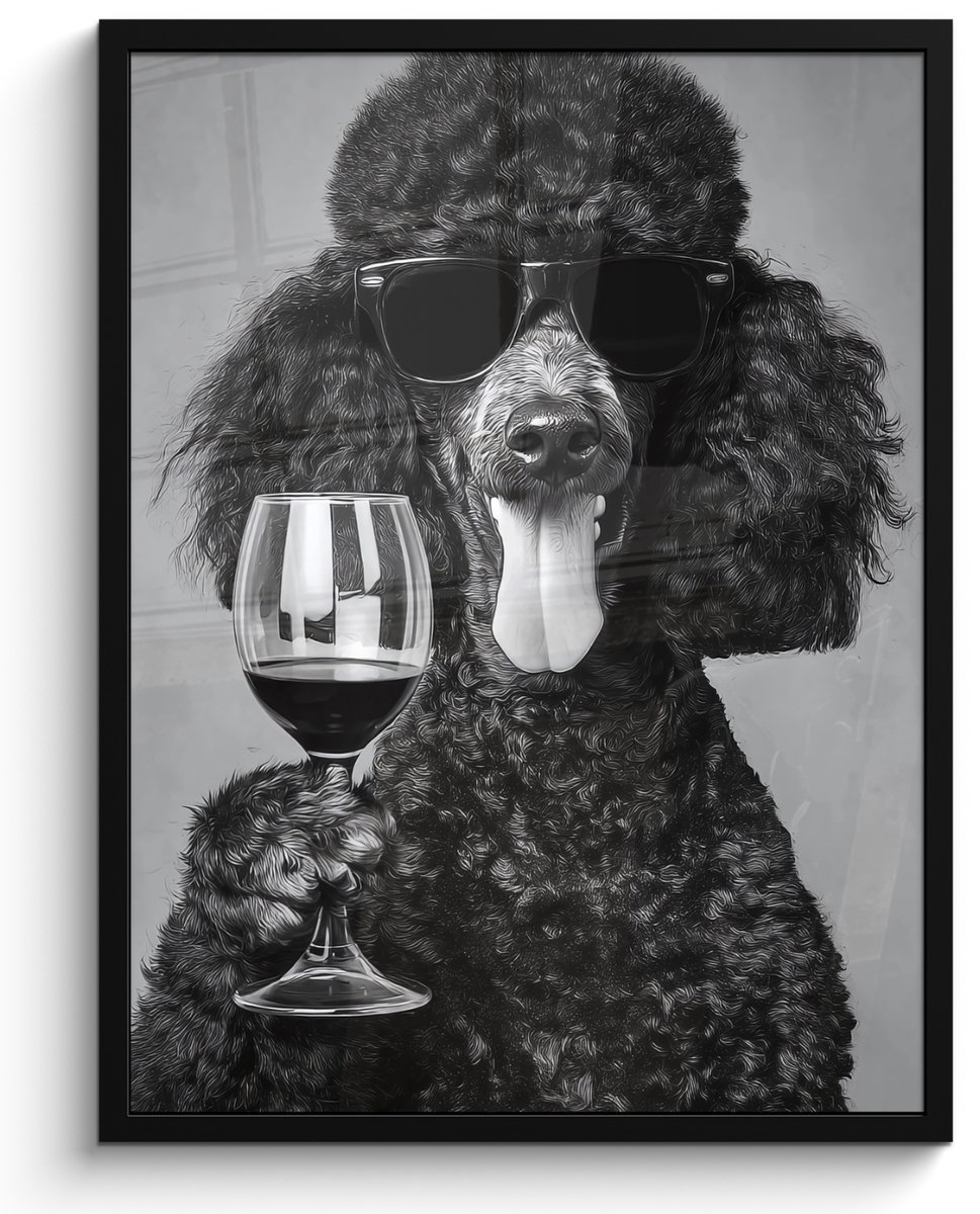 FrameYourWall Poster in lijst - Fotolijst 50x70 cm - Posters - Hond - Krullen - Zonnebril - Wijn - Posterlijst zwart - Decoratie - Wanddecoratie woonkamer - Muurdecoratie slaapkamer Hond - Wijn