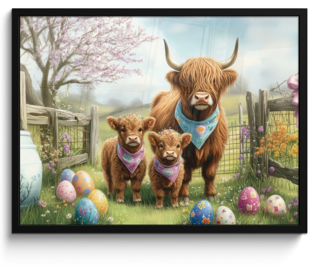 FrameYourWall Poster in lijst - Fotolijst 70x50 cm - Posters - Schotsehooglanders - Paaseieren - Lente - Posterlijst zwart - Decoratie - Wanddecoratie woonkamer - Muurdecoratie slaapkamer Schotse hooglanders - Pasen
