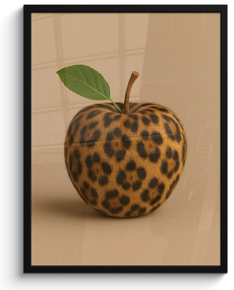 FrameYourWall Poster in lijst - Fotolijst 50x70 cm - Posters - Appel - Panter - Blaadje - Groen - Posterlijst zwart - Decoratie - Wanddecoratie woonkamer - Muurdecoratie slaapkamer Appel - Panterprint