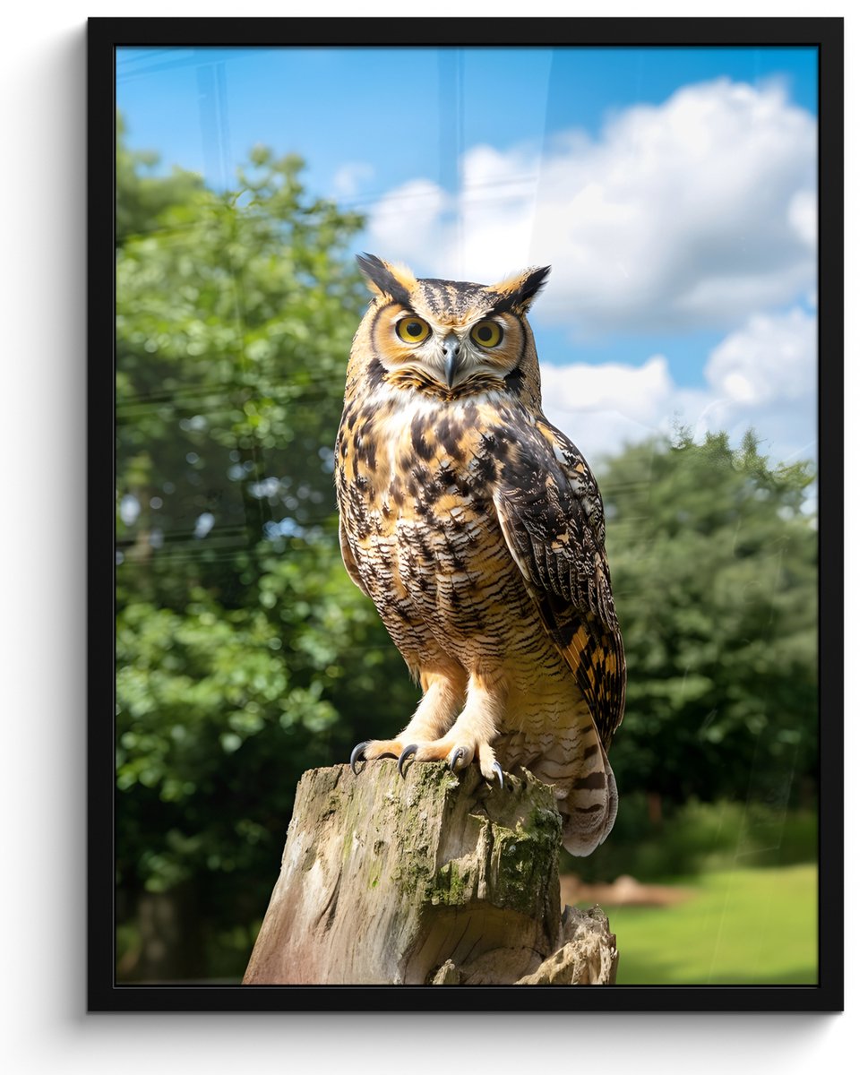 FrameYourWall Poster in lijst - Fotolijst 50x70 cm - Posters - Uil - Boomstronk - Bos - Lucht - Posterlijst zwart - Decoratie - Wanddecoratie woonkamer - Muurdecoratie slaapkamer