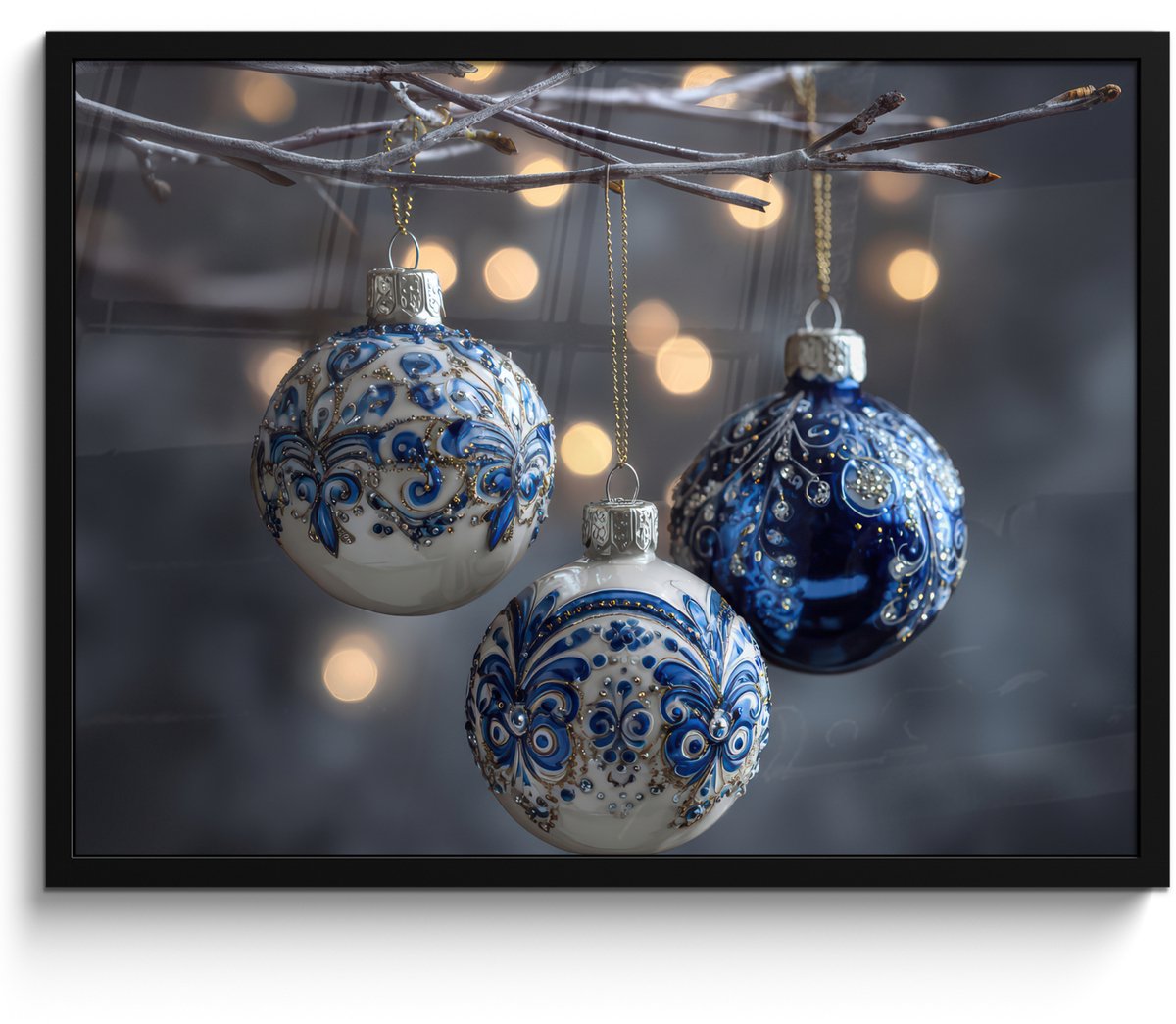 FrameYourWall Poster in lijst - Fotolijst 70x50 cm - Posters - Kerstbal - Versierd - Blauw - Posterlijst zwart - Decoratie - Wanddecoratie woonkamer - Muurdecoratie slaapkamer - Kerstversiering - Kerstdecoratie voor binnen - Kerstmis