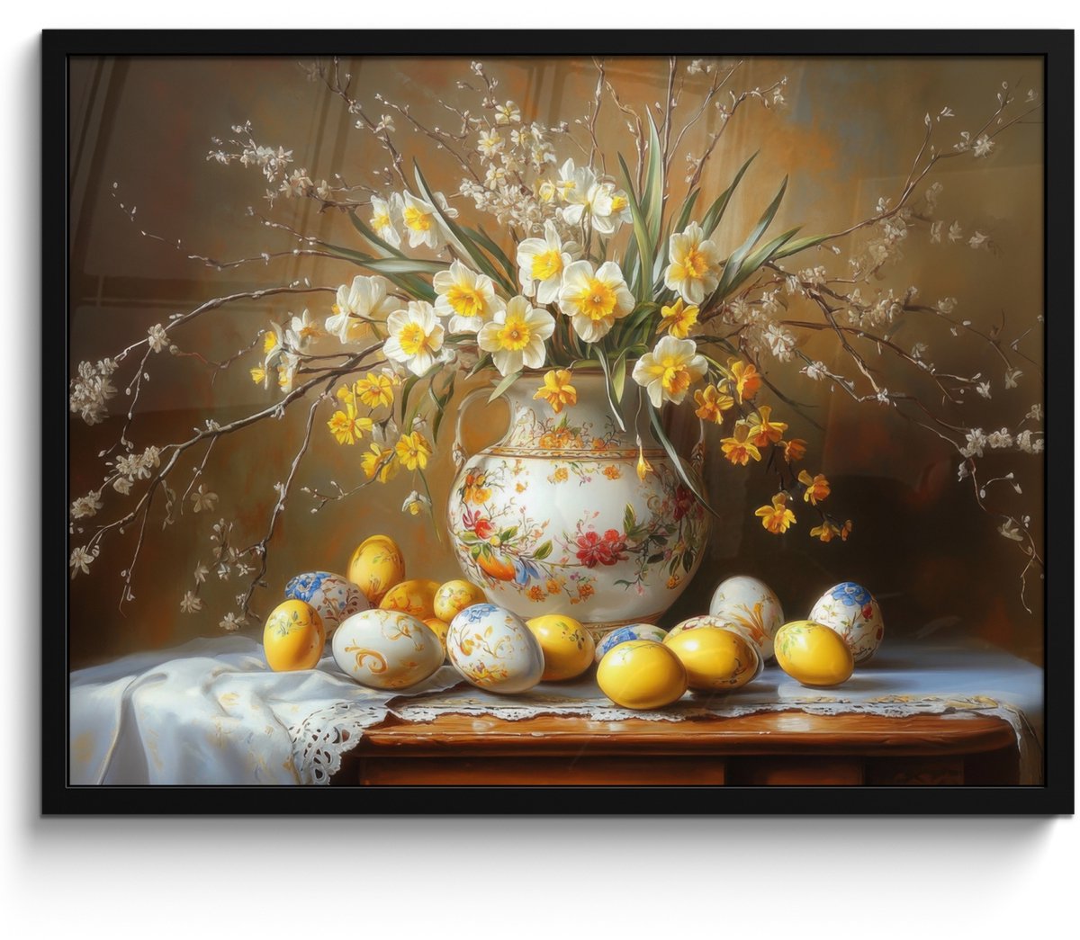 FrameYourWall Poster in lijst - Fotolijst 70x50 cm - Posters - Paaseieren - Stilleven - Vaas - Posterlijst zwart - Decoratie - Wanddecoratie woonkamer - Muurdecoratie slaapkamer Stilleven - Vintage