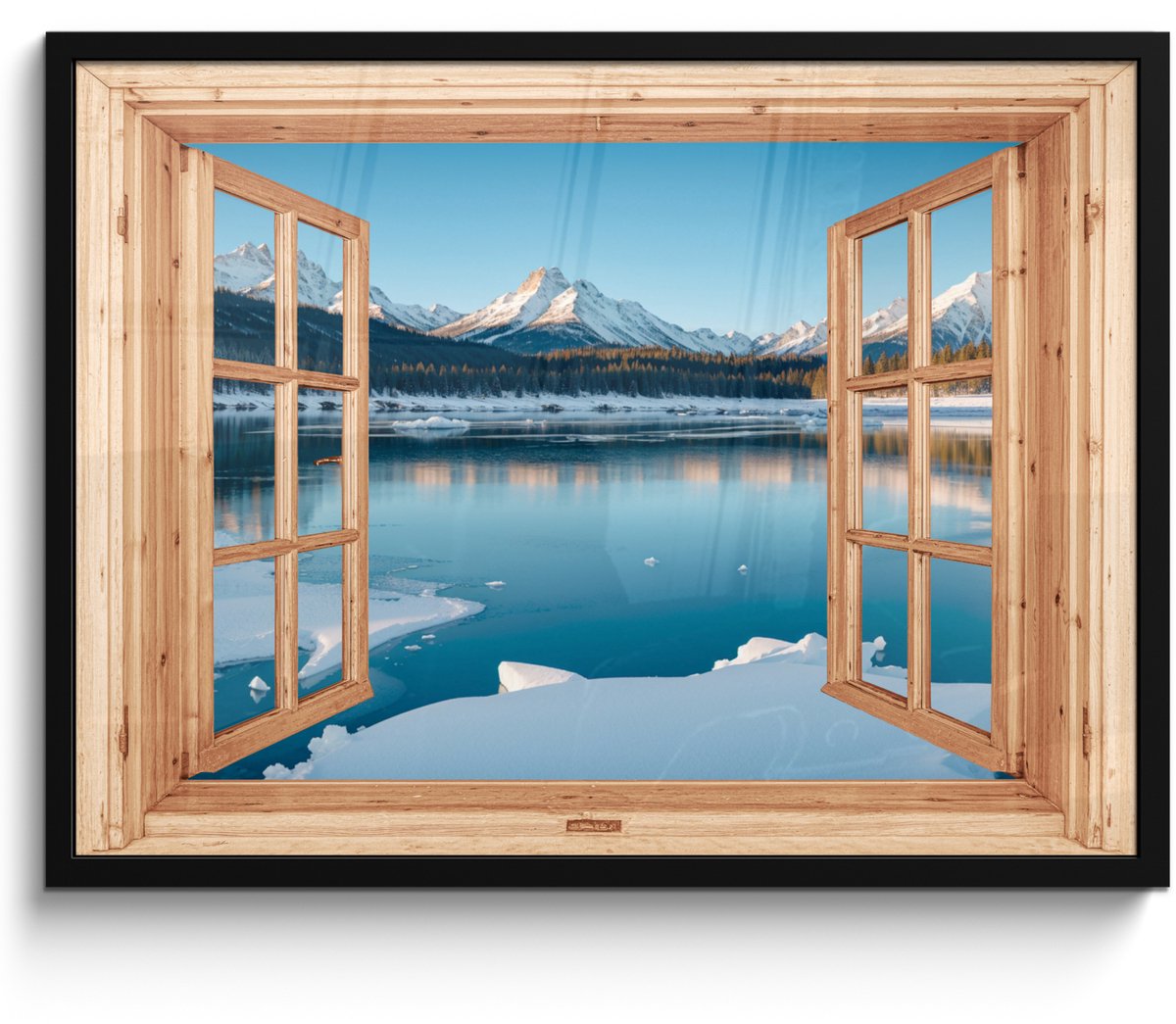 FrameYourWall Poster in lijst - Fotolijst 70x50 cm - Posters - Doorkijk - Landschap - Winter - Meer - Bergen - Uitzicht - Posterlijst zwart - Decoratie - Wanddecoratie woonkamer - Muurdecoratie slaapkamer