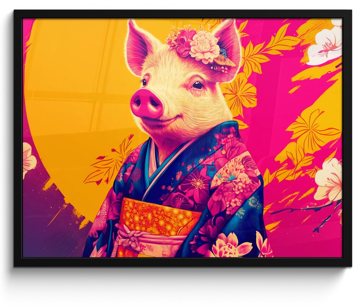 FrameYourWall Poster in lijst - Fotolijst 70x50 cm - Posters - Varken - Bloemkroon - Kimono - Abstract - Posterlijst zwart - Decoratie - Wanddecoratie woonkamer - Muurdecoratie slaapkamer