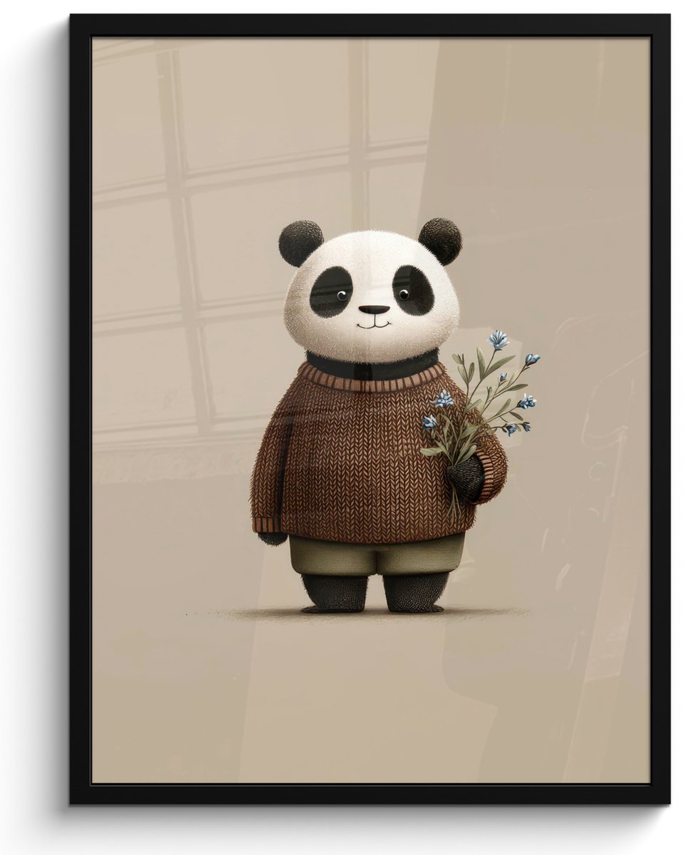 FrameYourWall Poster in lijst - Fotolijst 50x70 cm - Posters - Panda - Blauwe bloemen - Zachtheid - Posterlijst zwart - Decoratie - Wanddecoratie woonkamer - Muurdecoratie slaapkamer Panda - Bloemen