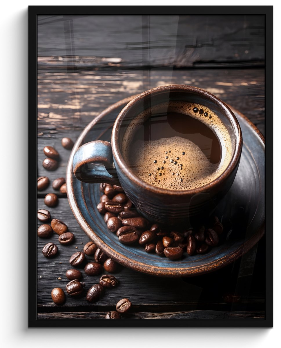 FrameYourWall Poster in lijst - Fotolijst 50x70 cm - Posters - Kop - Koffie - Hout - Bonen - Posterlijst zwart - Decoratie - Wanddecoratie woonkamer - Muurdecoratie slaapkamer Bonen - Koffie