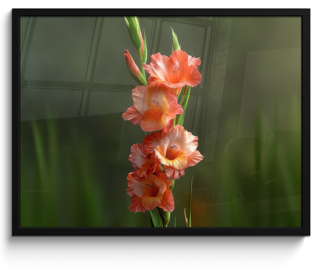FrameYourWall Poster in lijst - Fotolijst 70x50 cm - Posters - Bloem - Gladiolen - Zalmroze - Posterlijst zwart - Decoratie - Wanddecoratie woonkamer - Muurdecoratie slaapkamer
