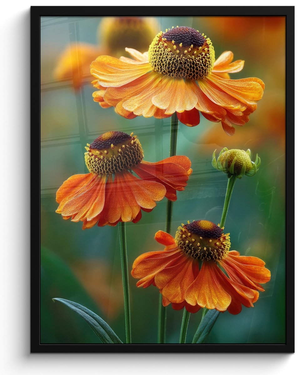 FrameYourWall Poster in lijst - Fotolijst 50x70 cm - Posters - Oranje bloemen - Levendig - Wazige achtergrond - Posterlijst zwart - Decoratie - Wanddecoratie woonkamer - Muurdecoratie slaapkamer