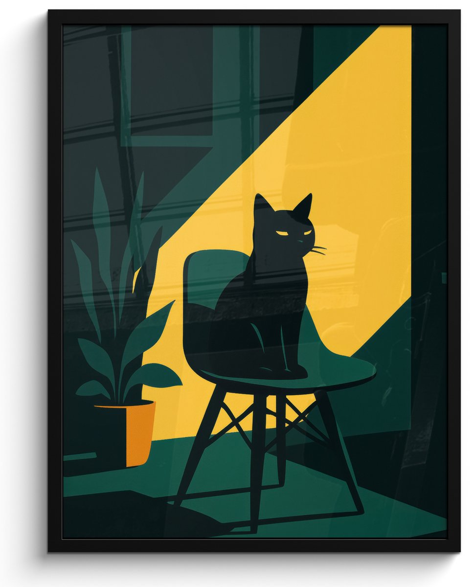 FrameYourWall Poster in lijst - Fotolijst 50x70 cm - Posters - Zwarte kat - Mysterieus - Gele instraal - Posterlijst zwart - Decoratie - Wanddecoratie woonkamer - Muurdecoratie slaapkamer