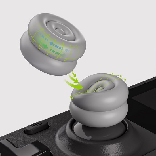 Illustratie van grijze joystick-opzetstukken met dubbele laag en cirkelvormig profiel, die de luchtcirculatie tonen.
