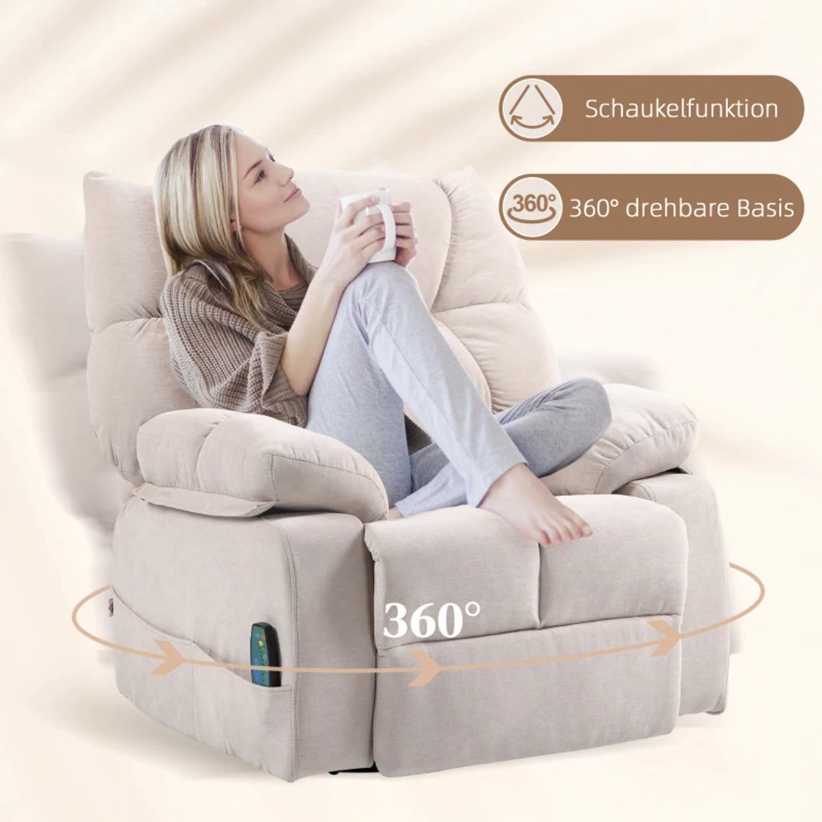 Elektrische Massagestoel - Massagefauteuil met Verwarmingsfunctie - Schommel- en 360°-Draaifunctie - 8 Vibratiekoppen - Kantelbaar tot 145° - tot 150 kg - met Afstandsbediening - Relaxfauteuil - Relaxstoel - TV stoel - Beige – foto 7