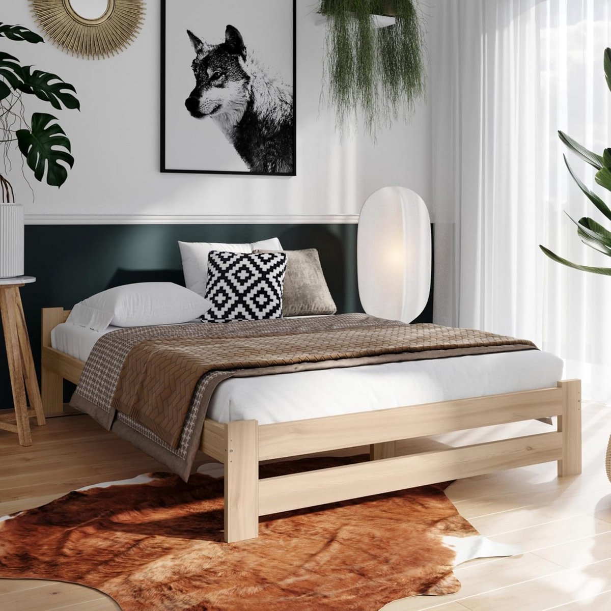 Massief houten tweepersoonsbed 140x200 cm met lattenbodem, Scandinavisch design