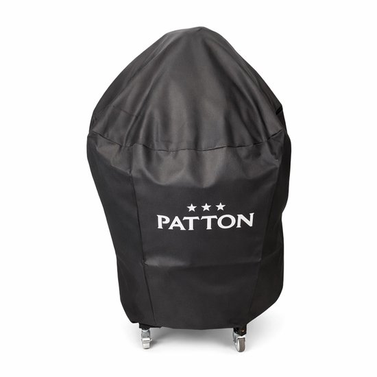 Zwarte kamado barbecuehoes met 'PATTON' logo en drie sterren, op wieltjes.