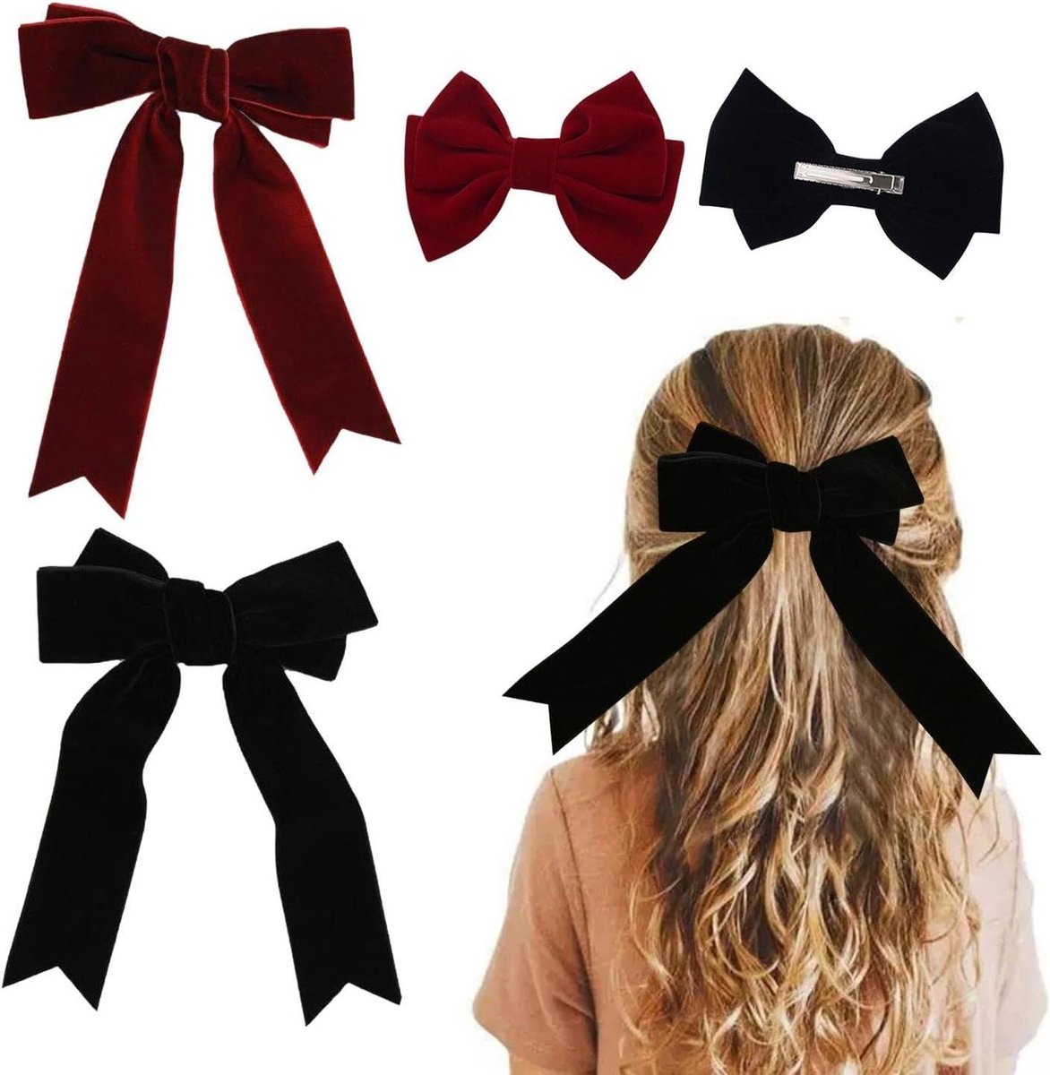 Fluweel haaraccessoires set met strik - retro design, 4 stuks in totaal