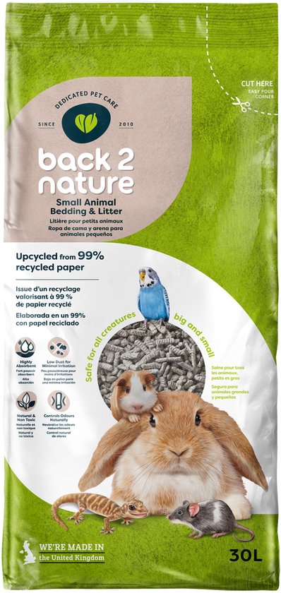 Zak met kattenbakvulling van 30 liter, met een konijn, cavia, hagedis en muis erop.