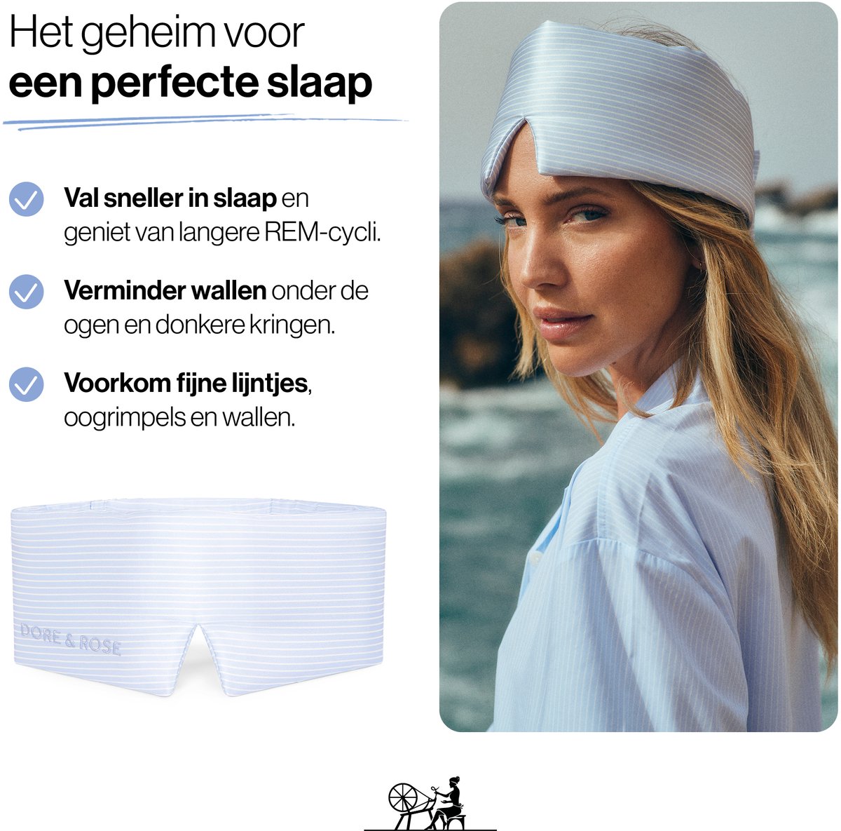 Dore & Rose - Slaapmasker - Oogmasker - Zijden Slaapmasker Voor Mannen en Vrouwen - Deep Sleep Mask - Eye Mask - Verduisterend - Wallen - Gestreept blauw — afbeelding 3