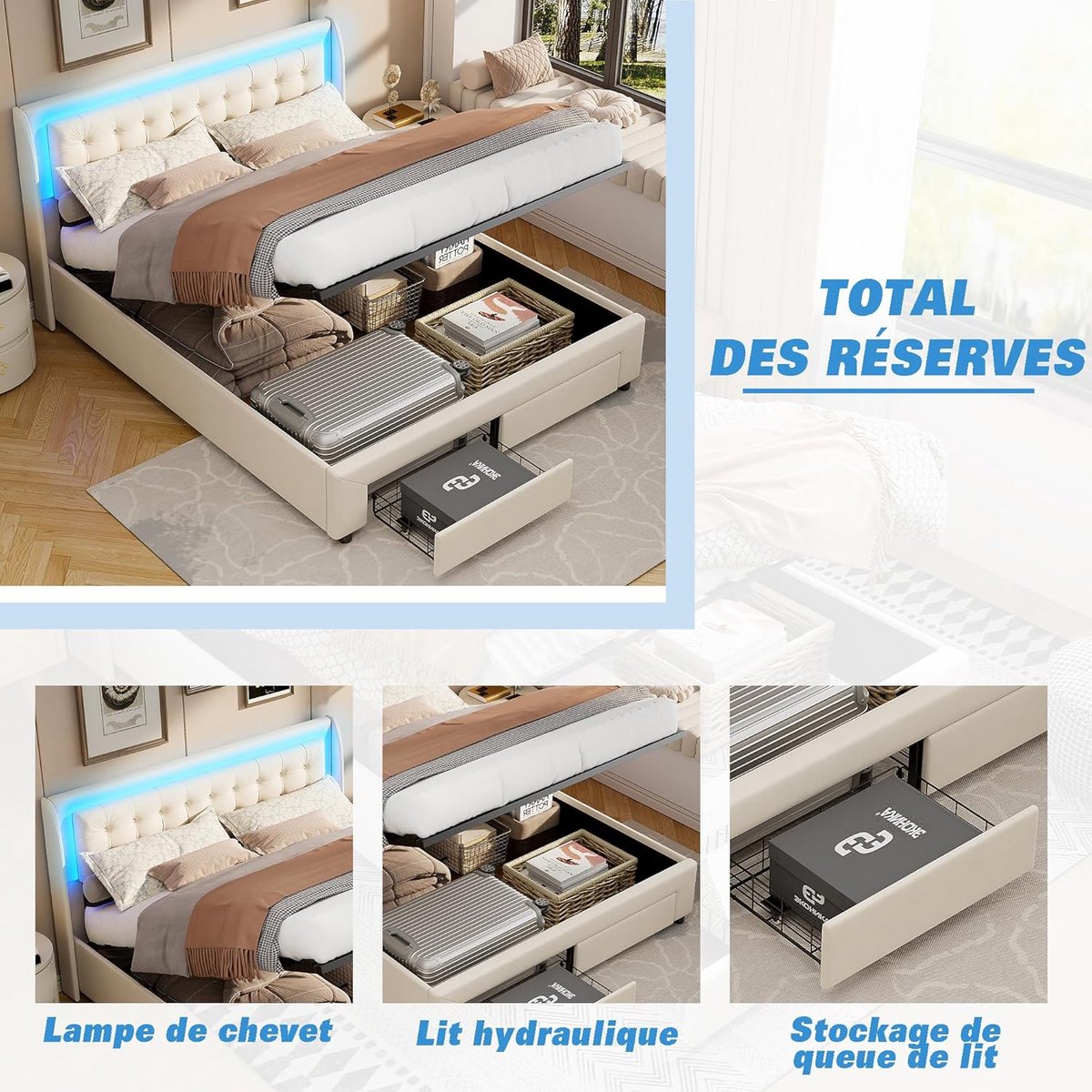 Boxspring Bed 180x200 met Opbergruimte, Lattenbodem en LED Verlichting - Beige Fluweel thumbnail 2