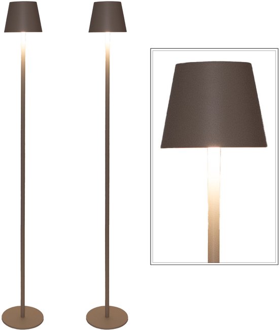 Twee bruine staande lampen, waarvan één uitvergroot, op een witte achtergrond.