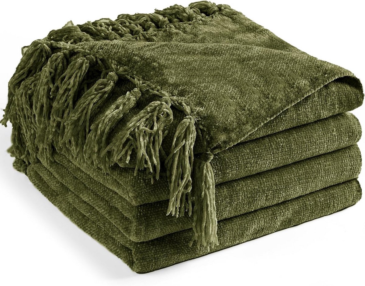 Zacht Gebreid Plaid met Franjes voor Bank en Bed - Olijfgroen