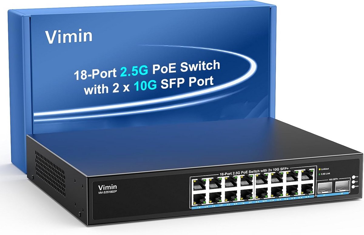 20-Poorten Gigabit PoE Switch met 2.5G en 10G SFP+ uplink - Unmanaged Netwerk Switch met 220W PoE Budget
