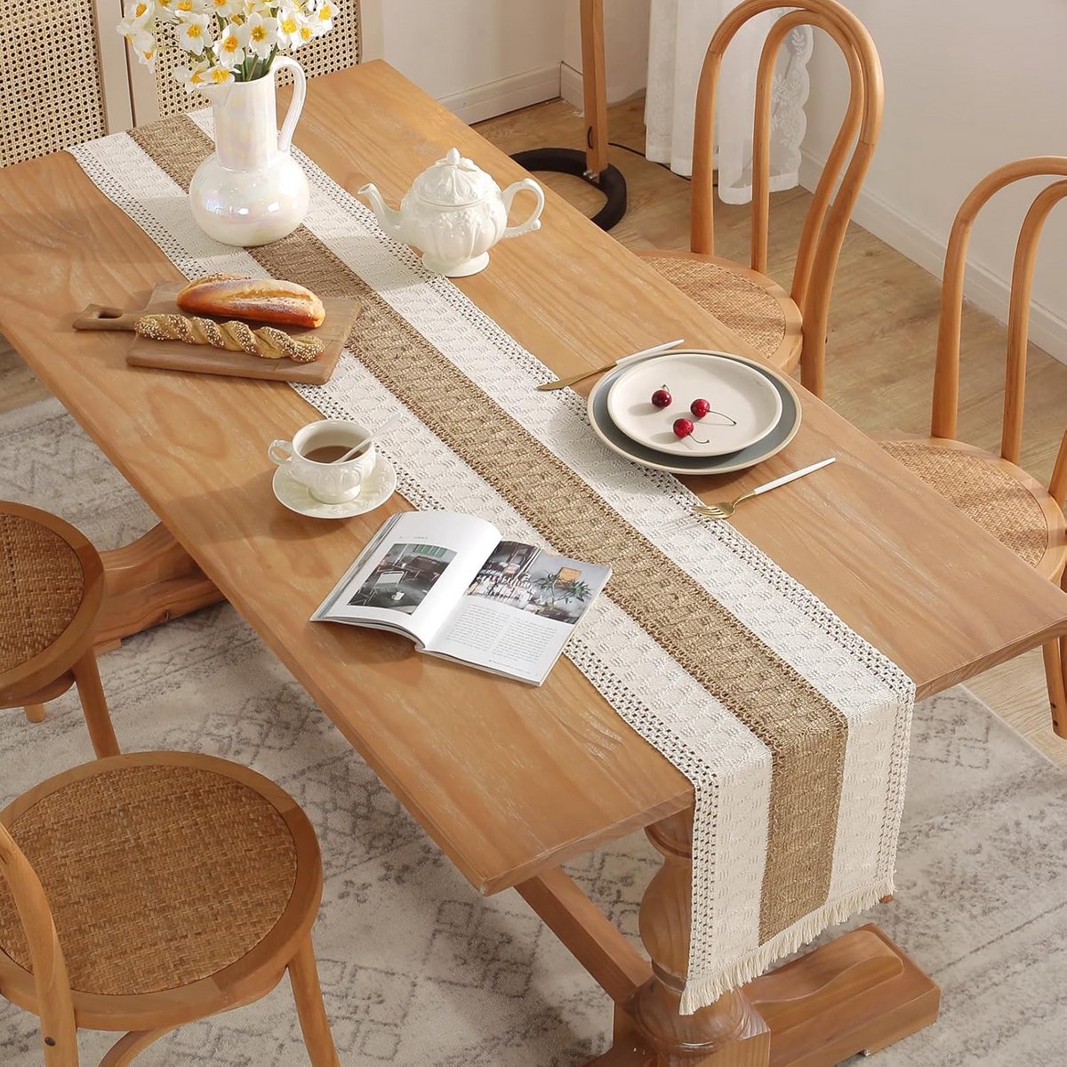 Boho Tafelloper Macramé met Franjes - 240x30 cm - Bruiloft & Feest Decoratie