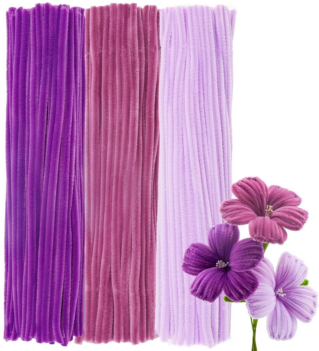 300x Dikke Paarse Pluizige Chenilledraad Set (8mm x 30cm) - Knutselmateriaal voor Bloemen en Decoratie