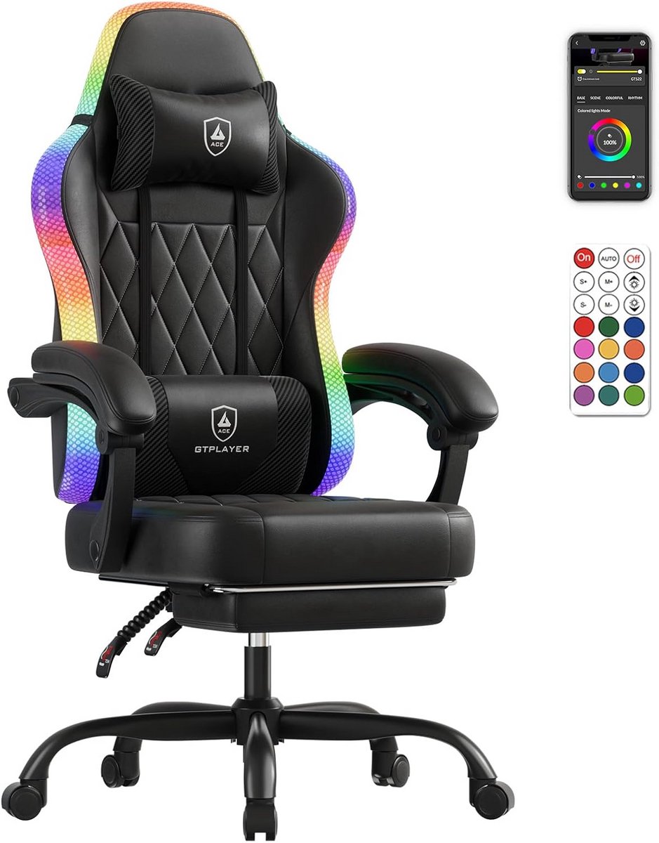 Ergonomische Gamingstoel Bureaustoel met LED-Verlichting en Opbergvak