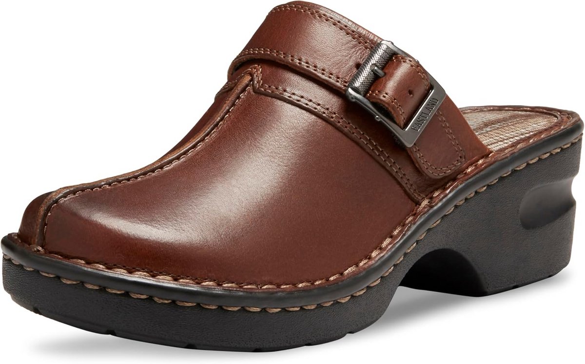 Comfortabele dames clog met riem en gesp - bruin - maat 40