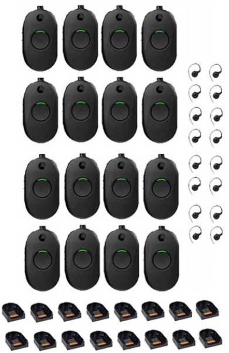 Set van 16 Motorola CLP446E Mini Portofoons met oortje en tafelladers