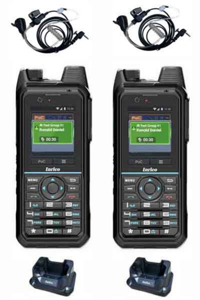 Set van 2 Inrico T330 4G LTE Zello Smart Portofoon IP68 met tafellader en beveiliging oortje