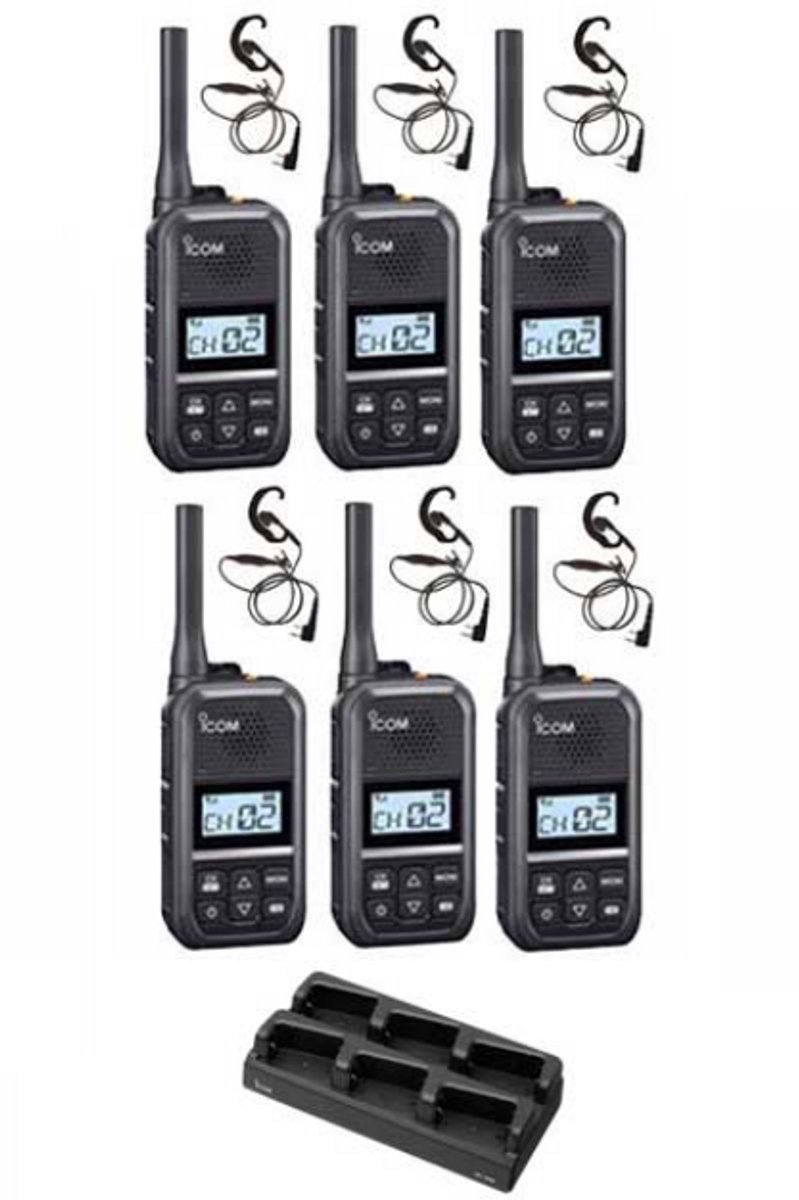 Set van 6 Icom IC-U20SR IP54 mini Portofoon met multilader en C-ring oortje