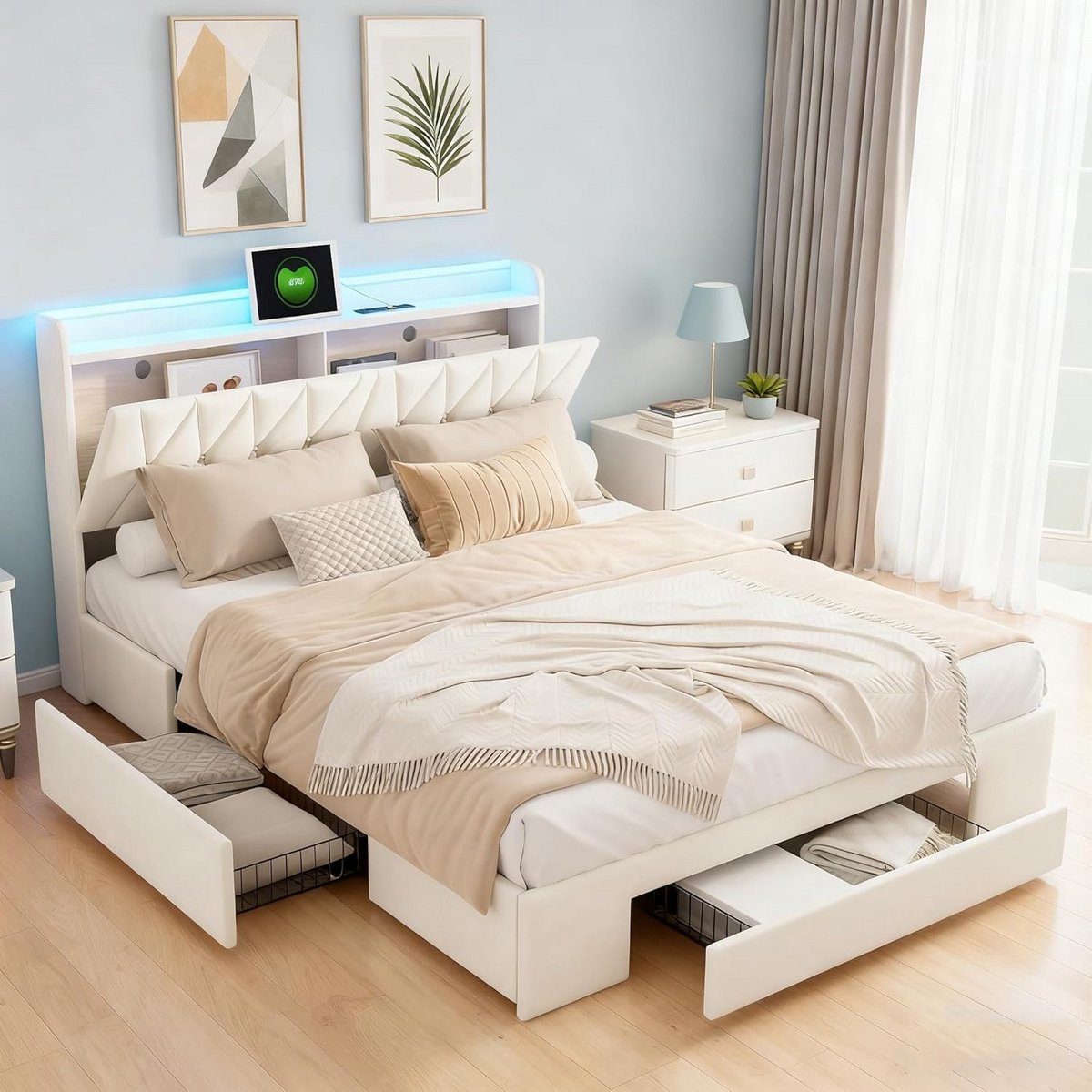 Tweepersoonsbed 160x200 cm Gestoffeerd met LED Lattenbodem, 3 Opbergladen en USB Laadfunct